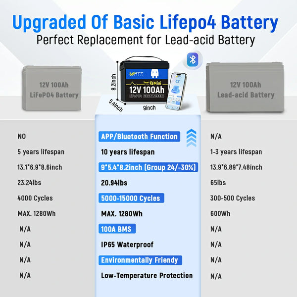 12V 100Ah Mini Bluetooth LiFePO4 Battery + 12V 20A Charger