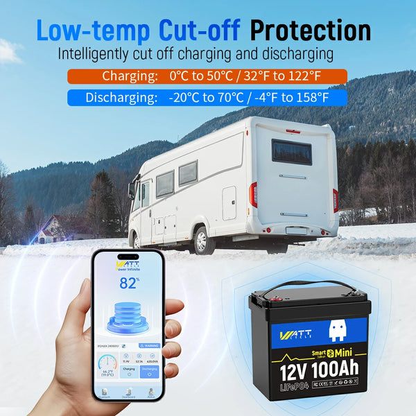 12V 100Ah Mini Bluetooth LiFePO4 Battery + 12V 20A Charger