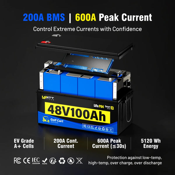 【🎃Halloween Treat】48V 100Ah Golf Cart Bluetooth LiFePO4 Battery | 200A BMS | 5120Wh
