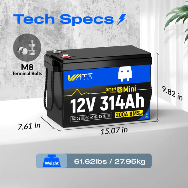 ⚡️Preorder – Ships June 10⚡️ WattCycle 12V 314Ah Mini Heated & Bluetooth LiFePO₄ Lithium Battery – All-Weather Power