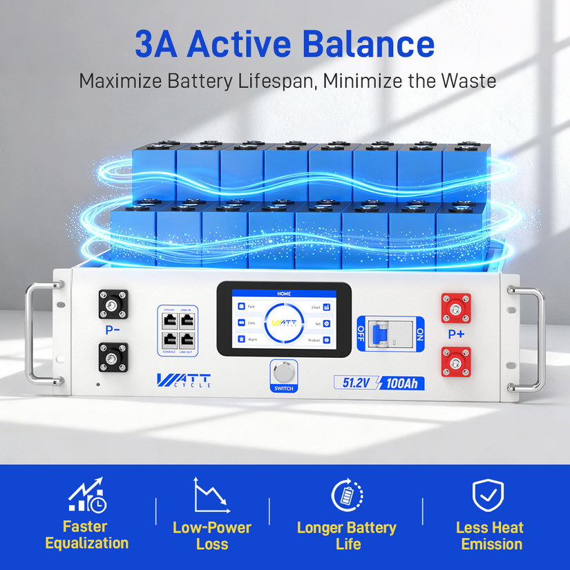WattCycle V2.5 48V 100Ah LiFePO₄ Rack Battery – 3A Active Balancing | LCD | Bluetooth | Smart Comms
