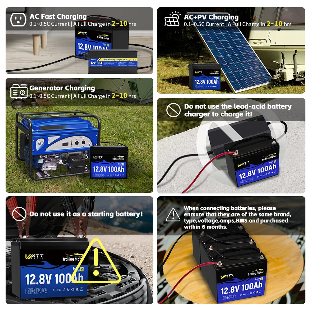 Batterie Bluetooth 12 V 100 Ah pour moteurs de pêche à la traîne de 13,6 à 31,8 kg | BMS 120 A | 1280 Wh