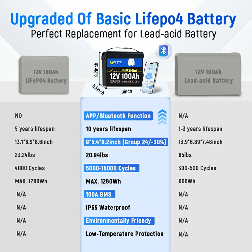 12V 100Ah Mini Bluetooth LiFePO4 Battery | 100A BMS | 1280Wh | Low-temp Protection
