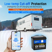 12V 100Ah Mini Bluetooth LiFePO4 Battery | 100A BMS | 1280Wh | Low-temp Protection