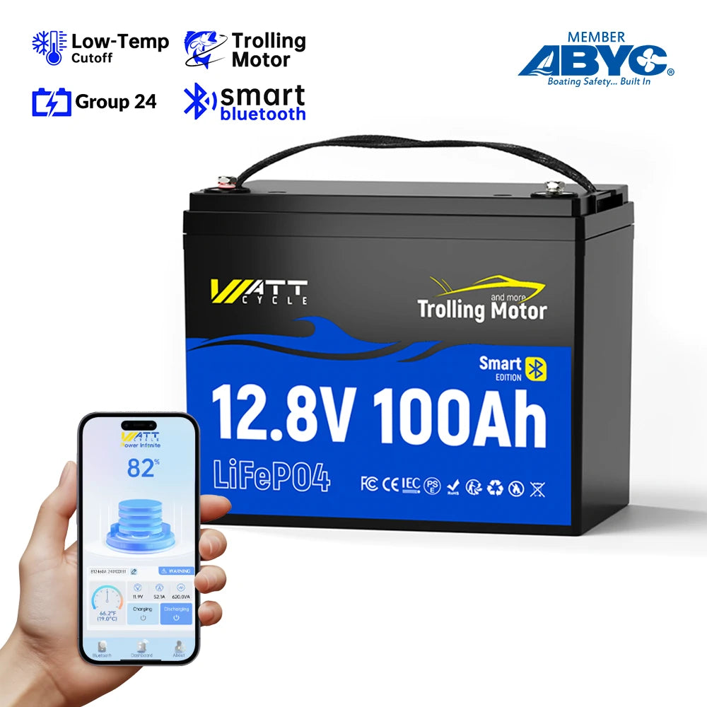 12V 100Ah TM Bluetooth LiFePO4 Marine Battery | Group 24 | 30–70lb Trolling Motors | 120A BMS surge protection