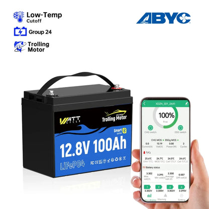 ⭐【ABA Sponsorship Battery】WattCycle 12V 100Ah Group 24 LiFePO4 Battery with Bluetooth for Trolling Motors