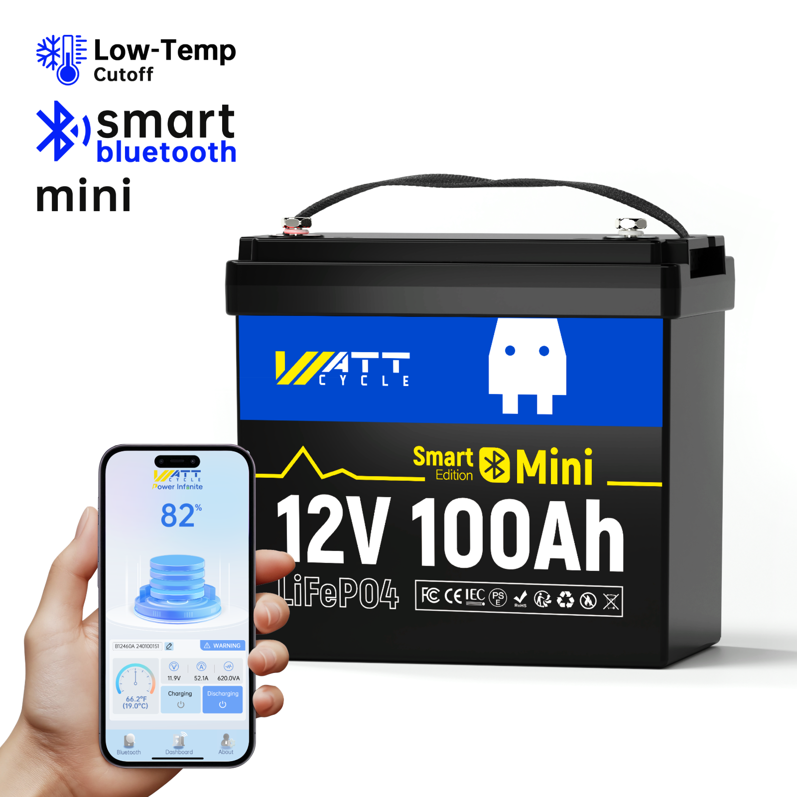 Batterie LiFePO4 mini Bluetooth 12 V 100 Ah | BMS 100 A | 1280 Wh