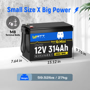 WattCycle 12V 314Ah Mini Bluetooth LiFePO4 Battery | Heavy-Gauge Internal Cabling & Continuous 200A BMS | Drop-in Upgrade for RV Solar