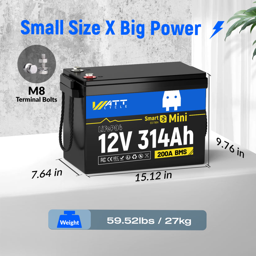WattCycle 12V 314Ah Mini Bluetooth LiFePO4 Battery | Heavy-Gauge Internal Cabling & Continuous 200A BMS | Drop-in Upgrade for RV Solar