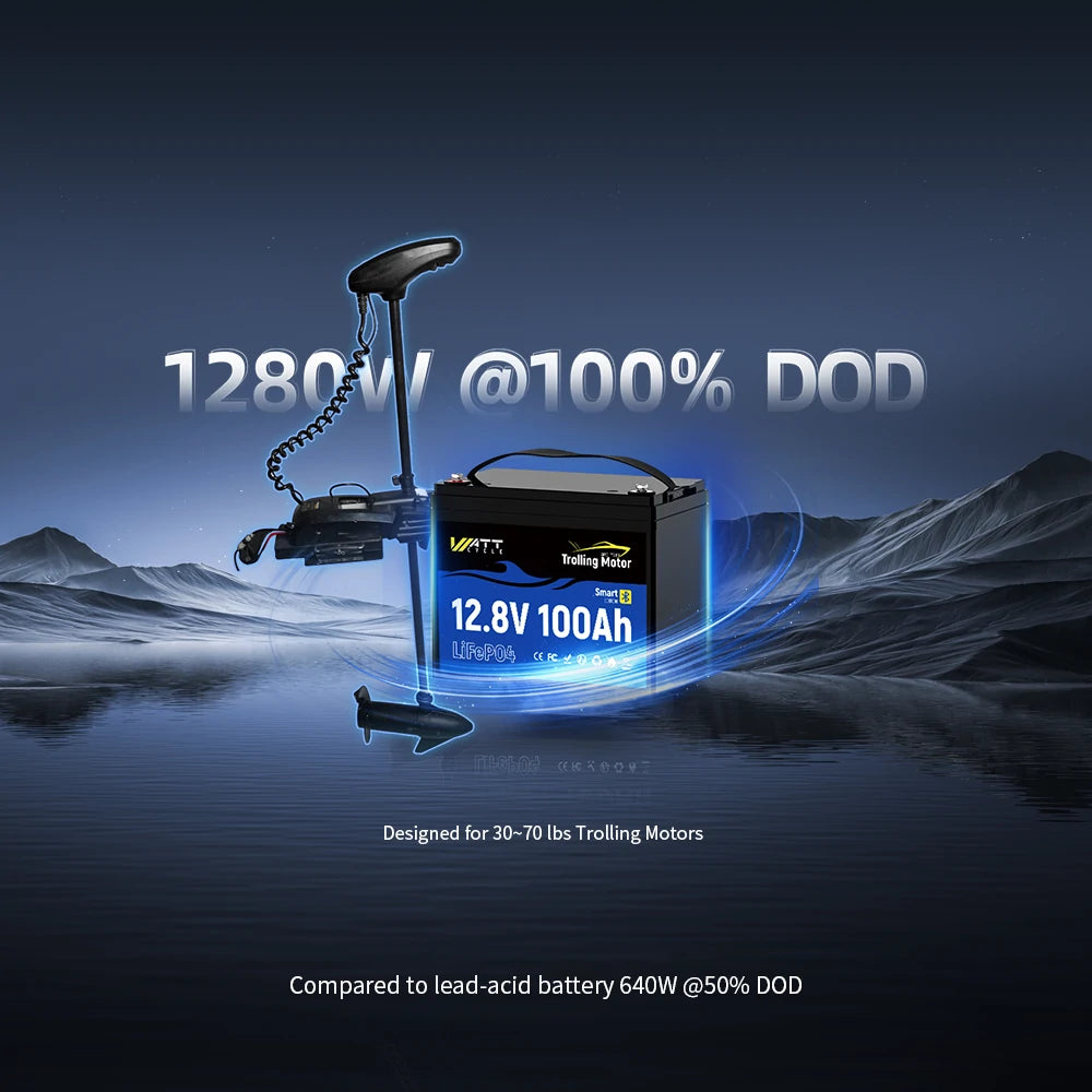 Batterie Bluetooth 12 V 100 Ah pour moteurs de pêche à la traîne de 13,6 à 31,8 kg | BMS 120 A | 1280 Wh