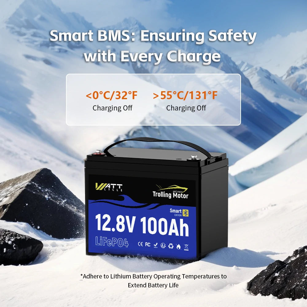 Batterie Bluetooth 12 V 100 Ah pour moteurs de pêche à la traîne de 13,6 à 31,8 kg | BMS 120 A | 1280 Wh