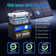 12V 100Ah Mini Bluetooth LiFePO4 Battery | 100A BMS | 1280Wh | Low-temp Protection