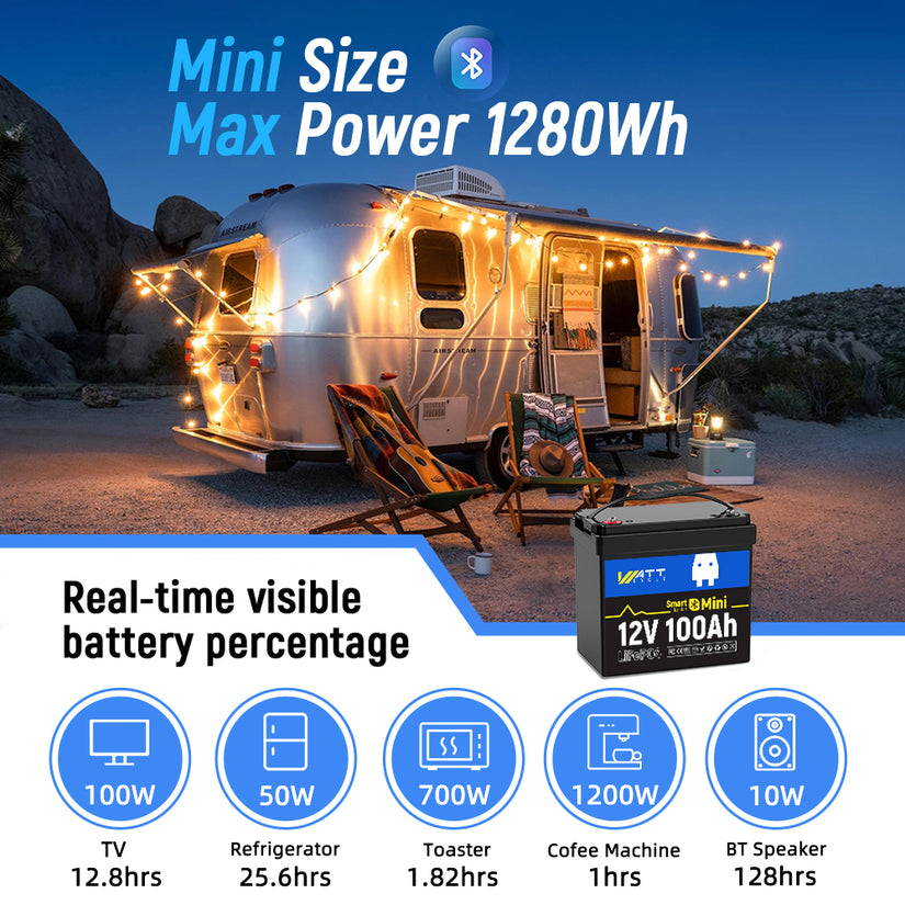 12V 100Ah Mini Bluetooth LiFePO4 Battery | 100A BMS | 1280Wh | Low-temp Protection