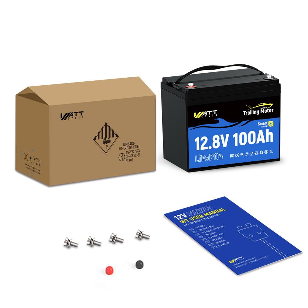 Batterie Bluetooth 12 V 100 Ah pour moteurs de pêche à la traîne de 13,6 à 31,8 kg | BMS 120 A | 1280 Wh